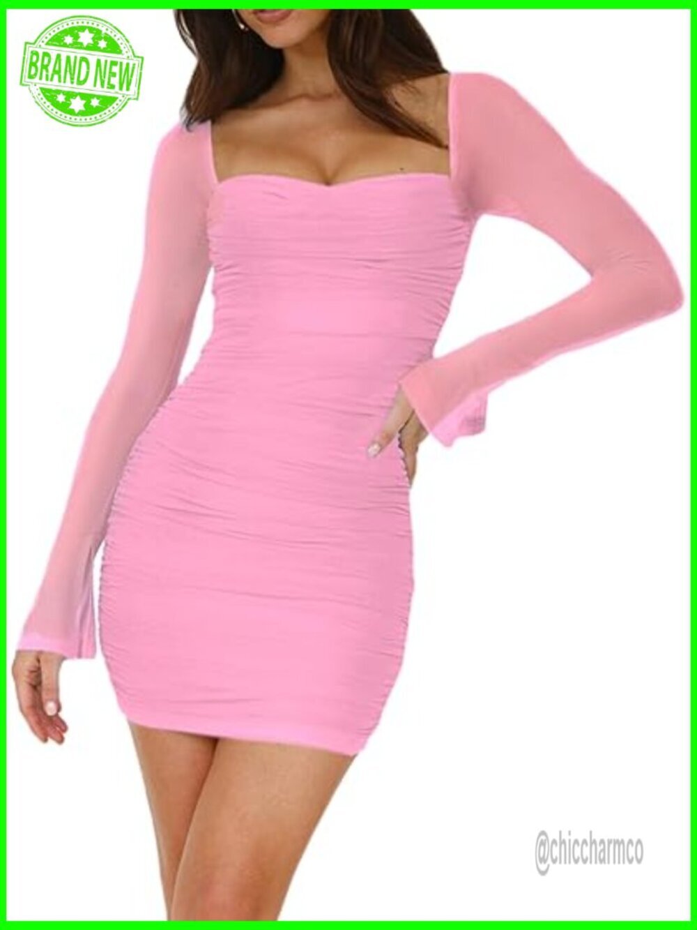 Sexy Bodycon Mini Dress Mesh Long Sleeve Square Neck Ruched Party Club Short